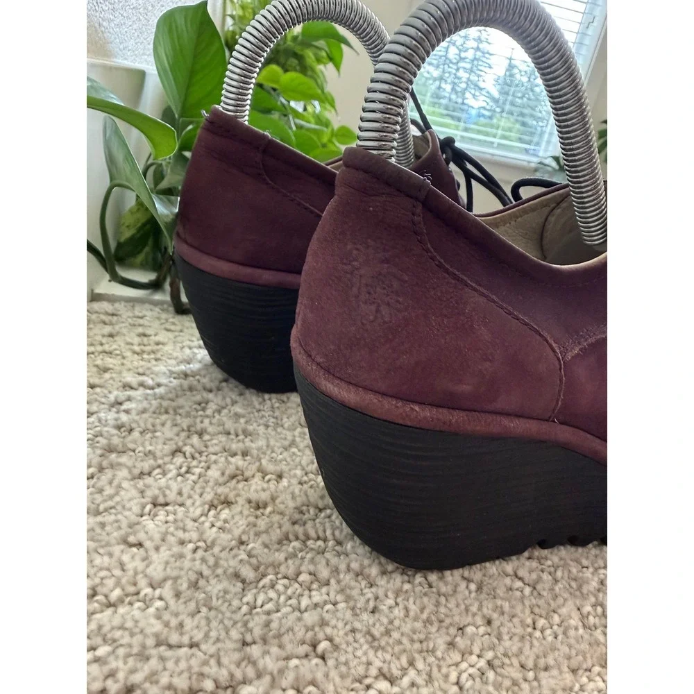 Fly London Yoti Plum Nubuck Studded Wedge Oxfords 38 US 7.5-8 Artisan